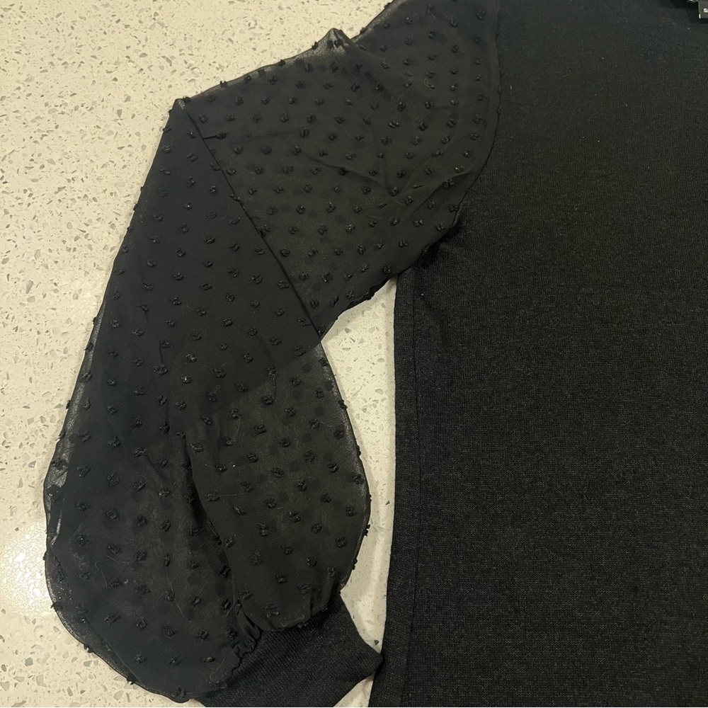LILY MORGAN Black Light Sweater with Sheer Polka Dot Embroidered Sleeves Size SM - Picture 3 of 6